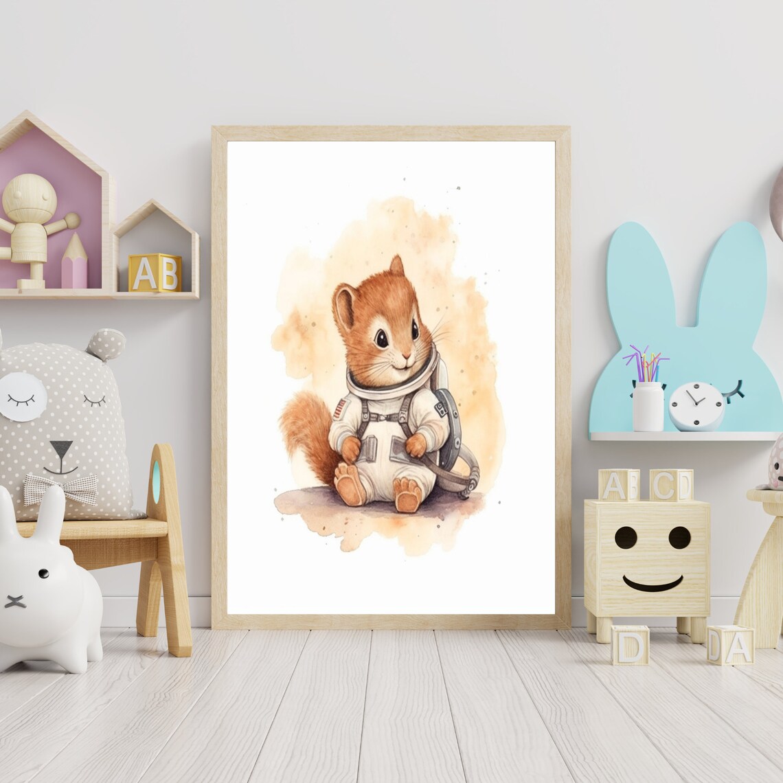 Cute Baby Squirrel Astronaut Watercolor Space Nursery Art Poster - Image 3