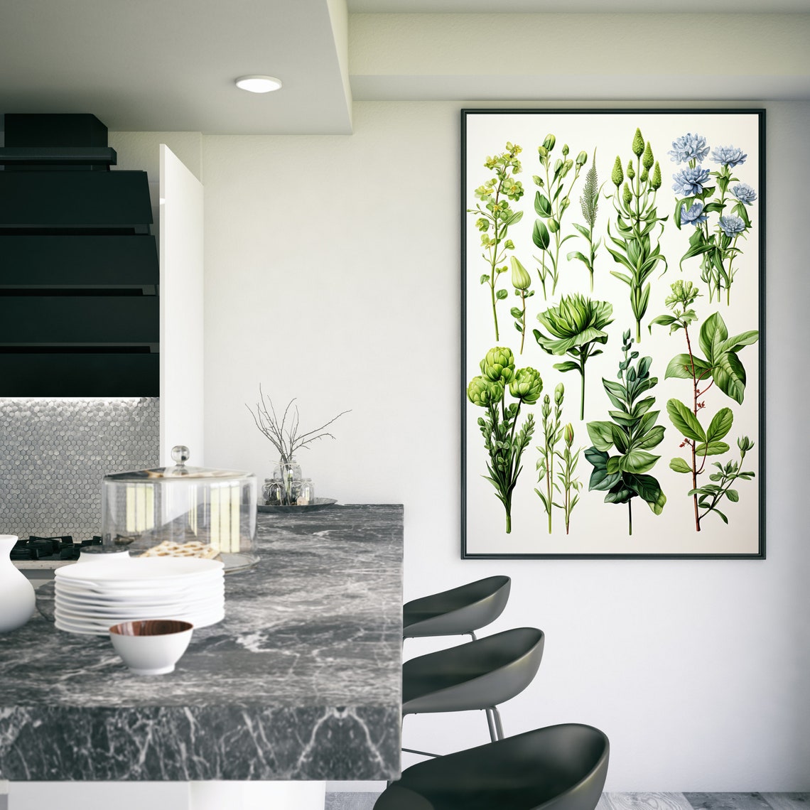 Vintage Botanical Herb Illustration Green Plants Cream Art Poster - Image 3