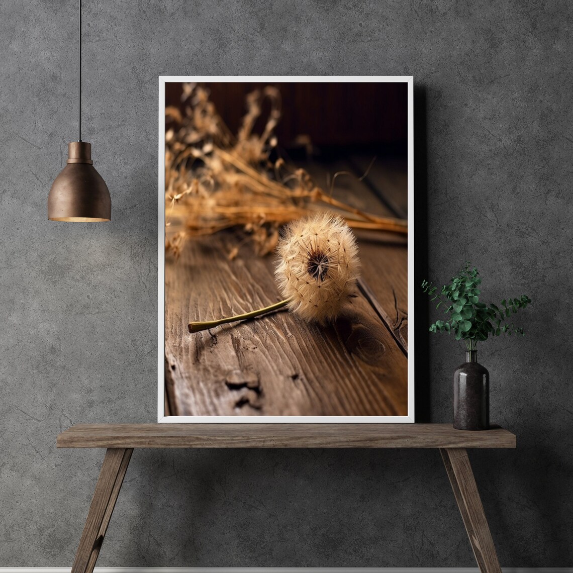 Lone Dandelion Seed Head On Dark Wood Moody Botanical Photography Print - Image 3
