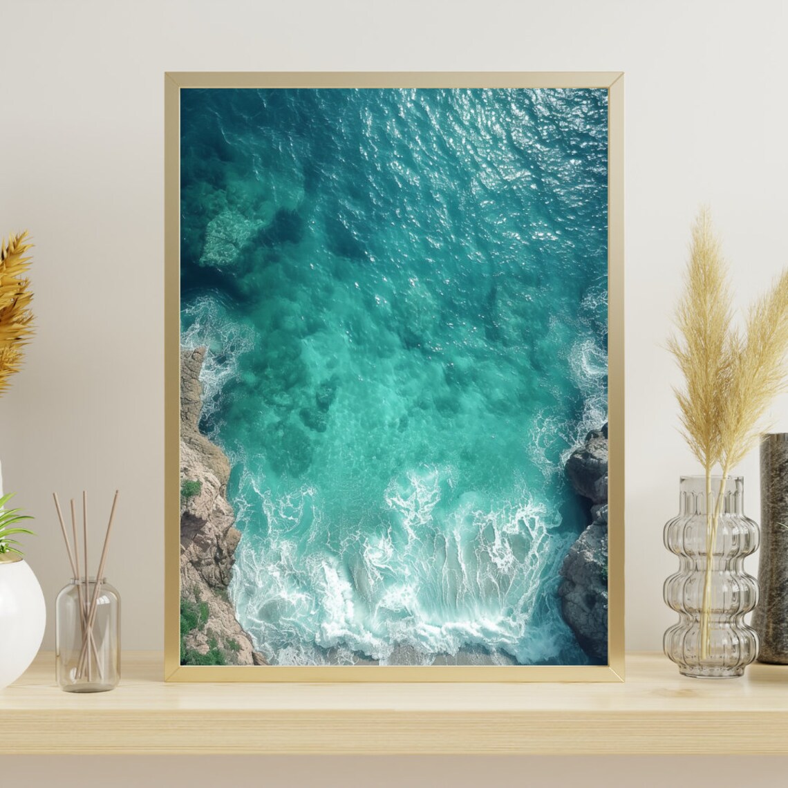 Beach Sea View Poster, Coastal Wall Art Print