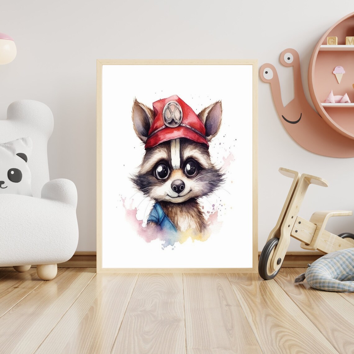 Baby Raccoon Firefighter Helmet Watercolor Nursery Art Poster - Image 4