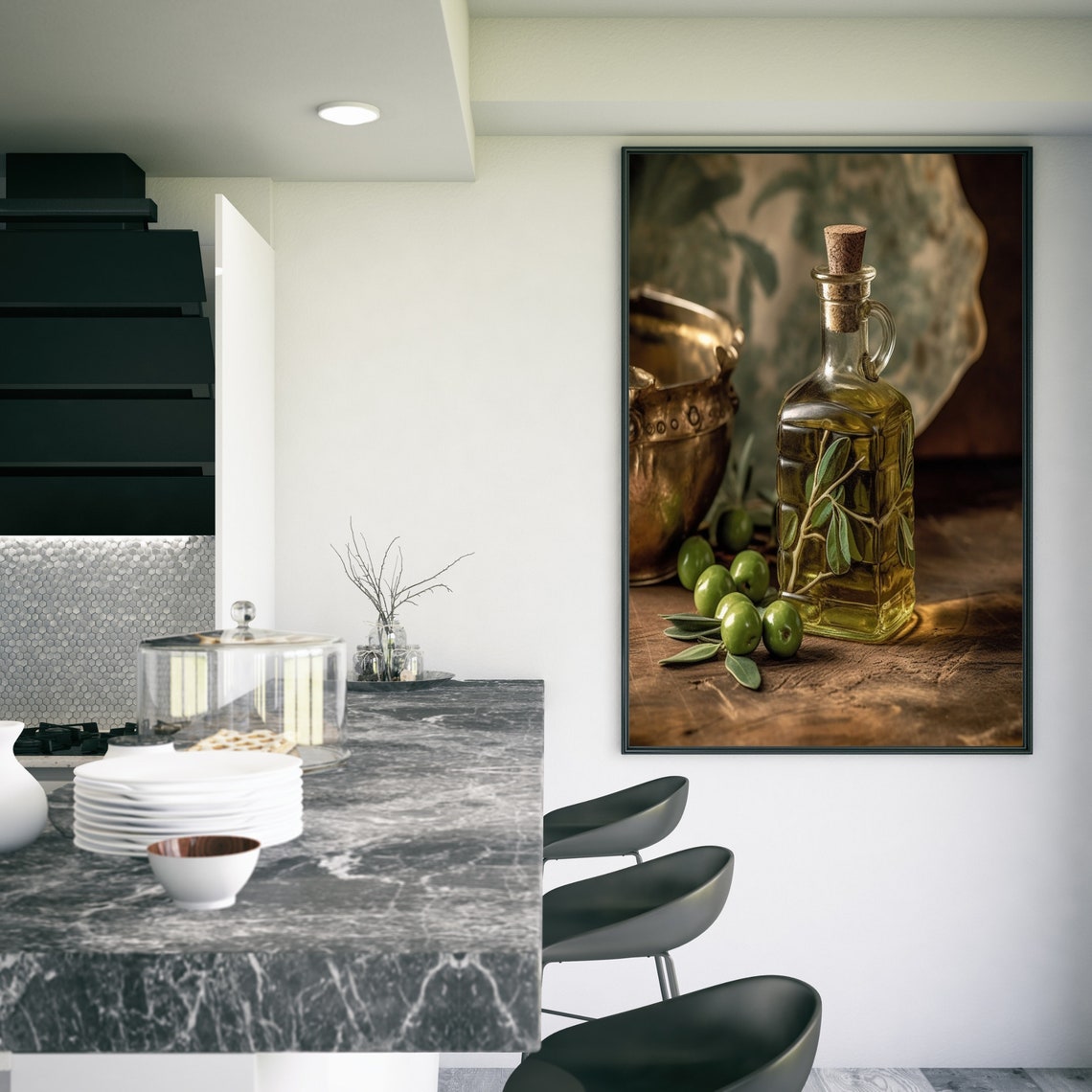 Olive Oil Glass Bottle Green Olives Rustic Kitchen Art Poster - Image 3