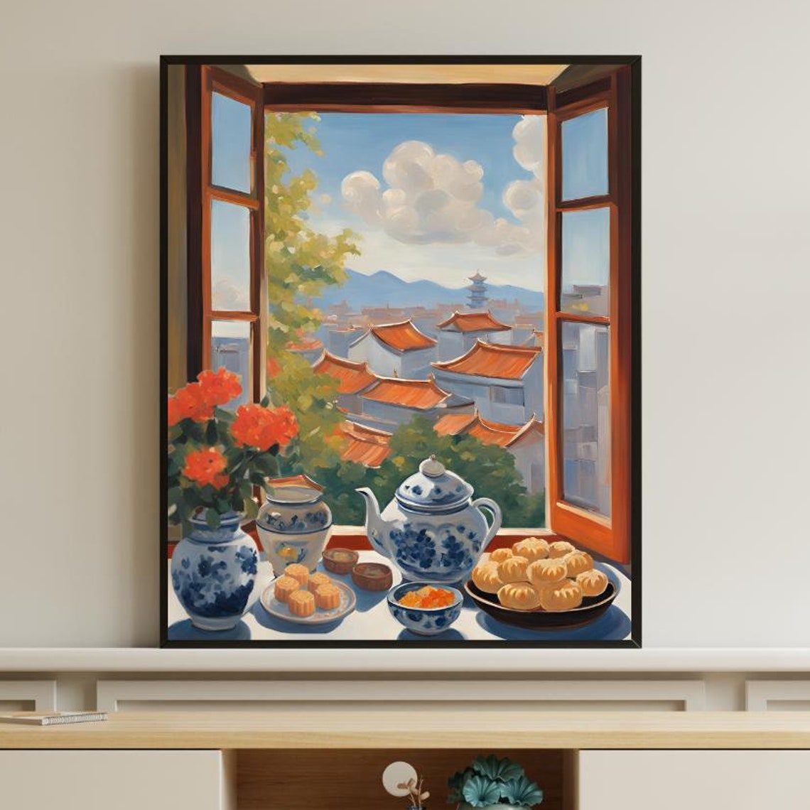 Asia Watercolor Window Painting Print To China Mooncakes Dim Sum Dumplings Artwork Abstract Matisse Style Art