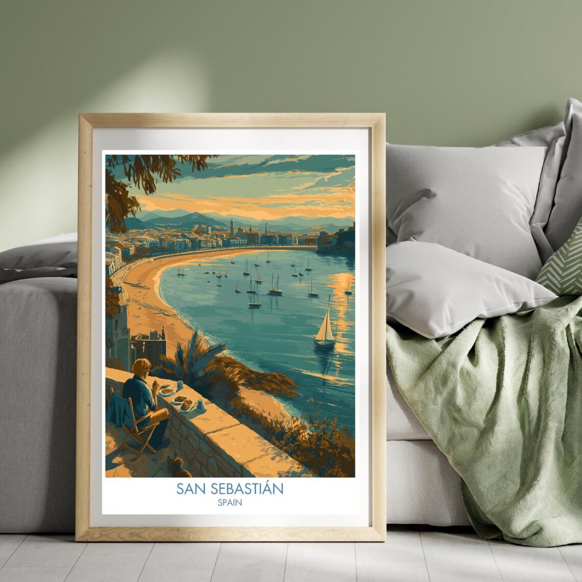 San Sebastian Spain Golden Bay Sailboats Terrace View Art Poster