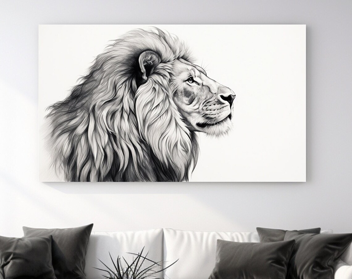 Black and White Lion Profile Pencil Sketch Majestic Big Cat Animal Wall Art Poster