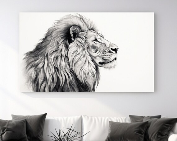 Black and White Lion Profile Pencil Sketch Majestic Big Cat Animal Wall Art Poster