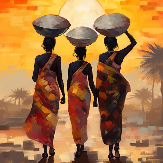 African Women Carrying Water African Inspired Afrocentric Prints Vibrant Colors Black Themed Art Colorful Modern Home Wall Decor