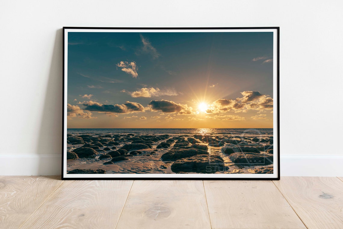 Golden Sunset Over Rocky Tide Pools Ocean Horizon Photo Poster