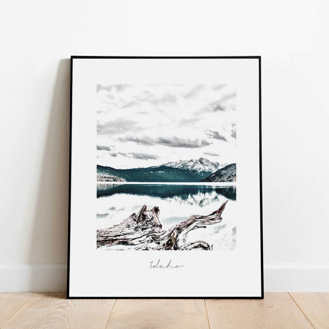 Idaho Mountain Lake Driftwood Winter Photo Script Caption Poster