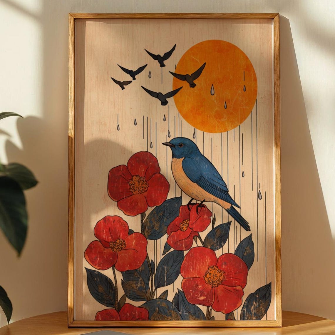 Scandinavian Folk Art Bluebird with Red Poppies Nature Print