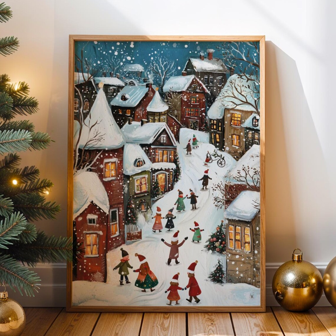 Vintage Christmas Village Wall Art Cozy Holiday Prints Festive Snowy Street Scene With Families Retro Winter Home Decor Poster
