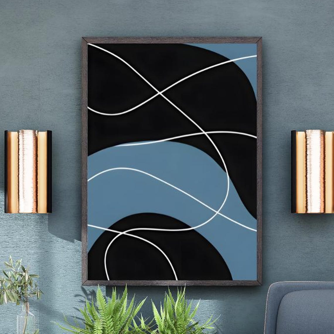Mid Century Abstract Black Blue White Flowing Lines Modern Poster