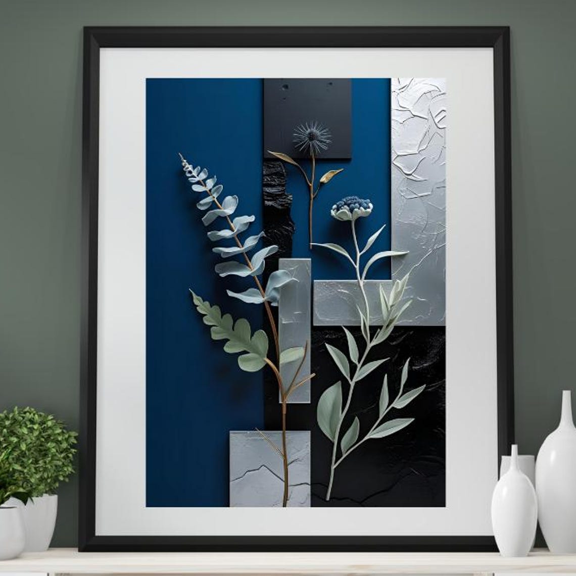 Navy Blue Botanical Sculptural Silver Eucalyptus Abstract Art Poster