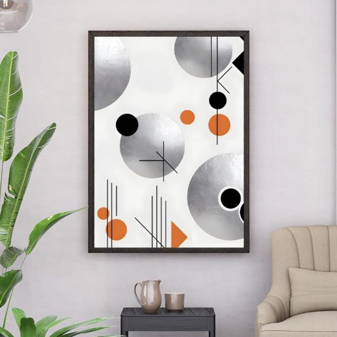 Orange Black Silver Circles Mid Century Modern Geometric Poster