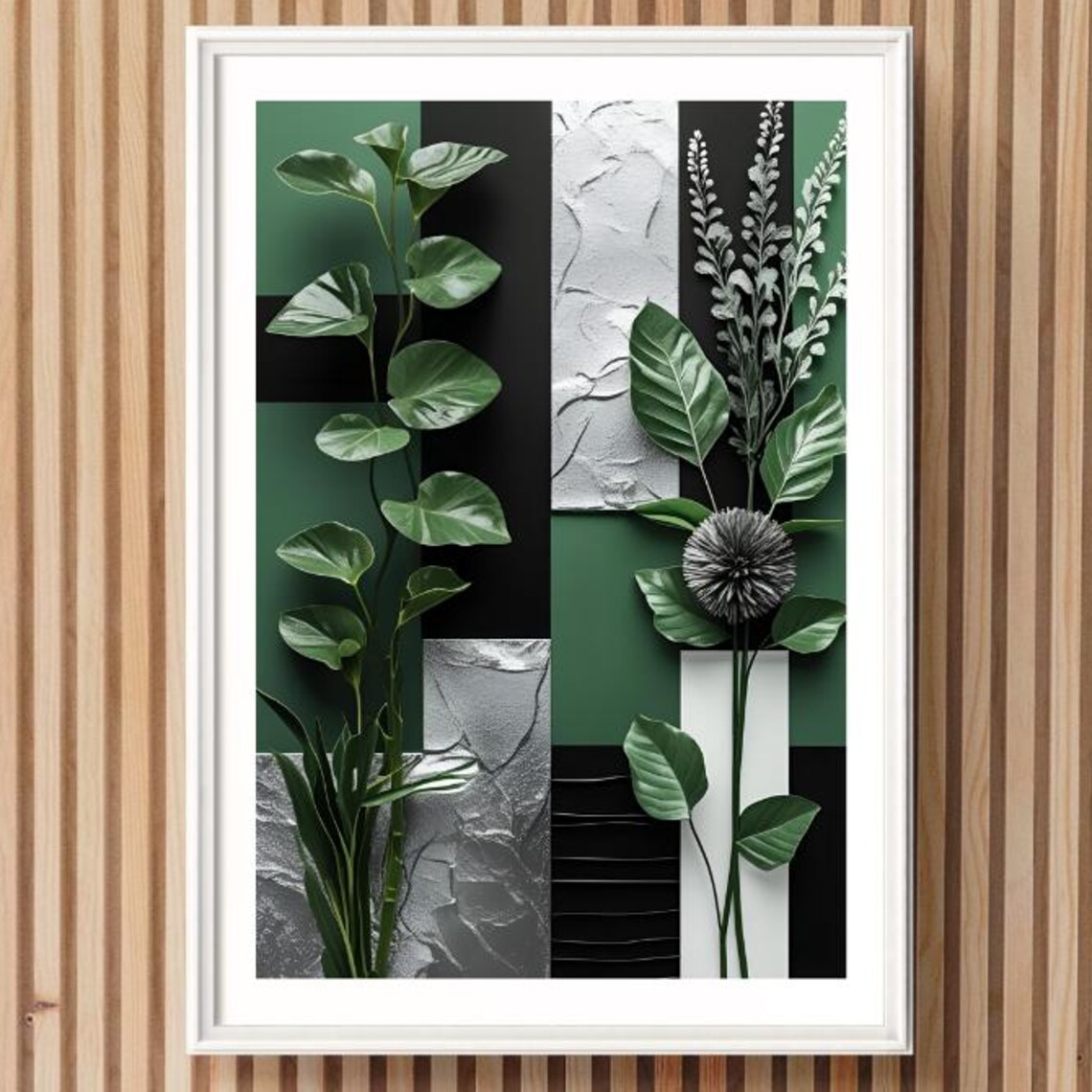 Emerald Green Silver Botanical Geometric Mid Century Art Poster
