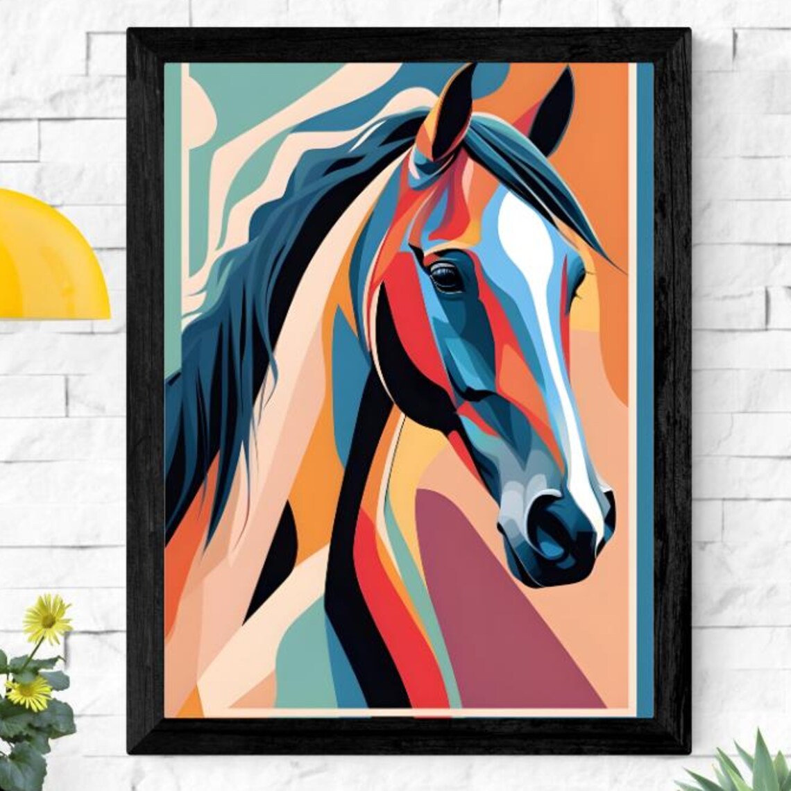 Mid Century Modern Horse Portrait With Bold Teal And Coral Poster