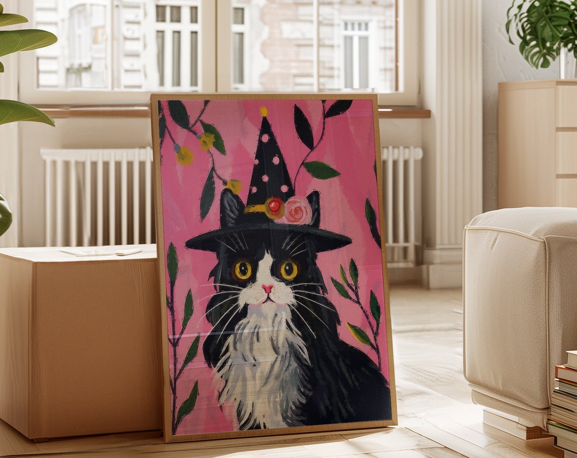 Fluffy Black Cat In Polka Dot Witch Hat With Flowers Pink Art Poster