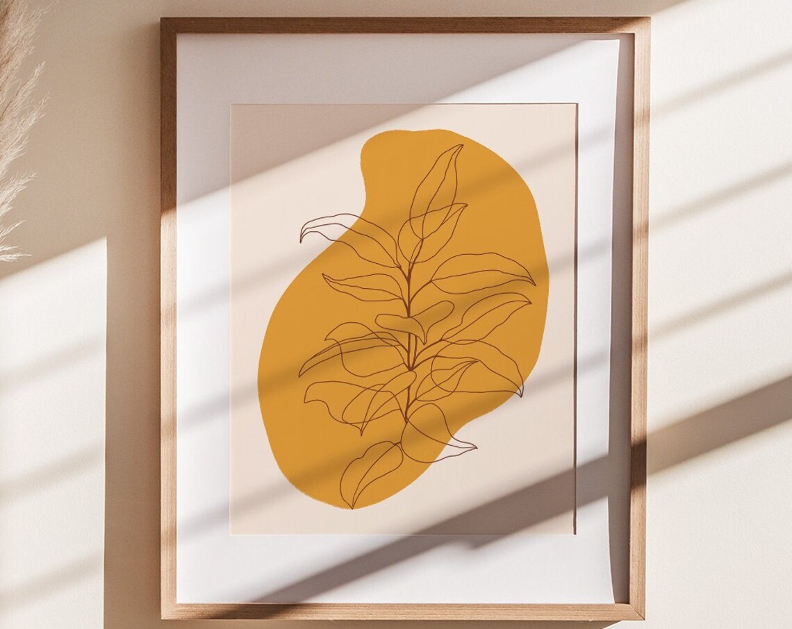 Bold Mustard Ochre Blob With Leaf Line Art Boho Botanical Poster