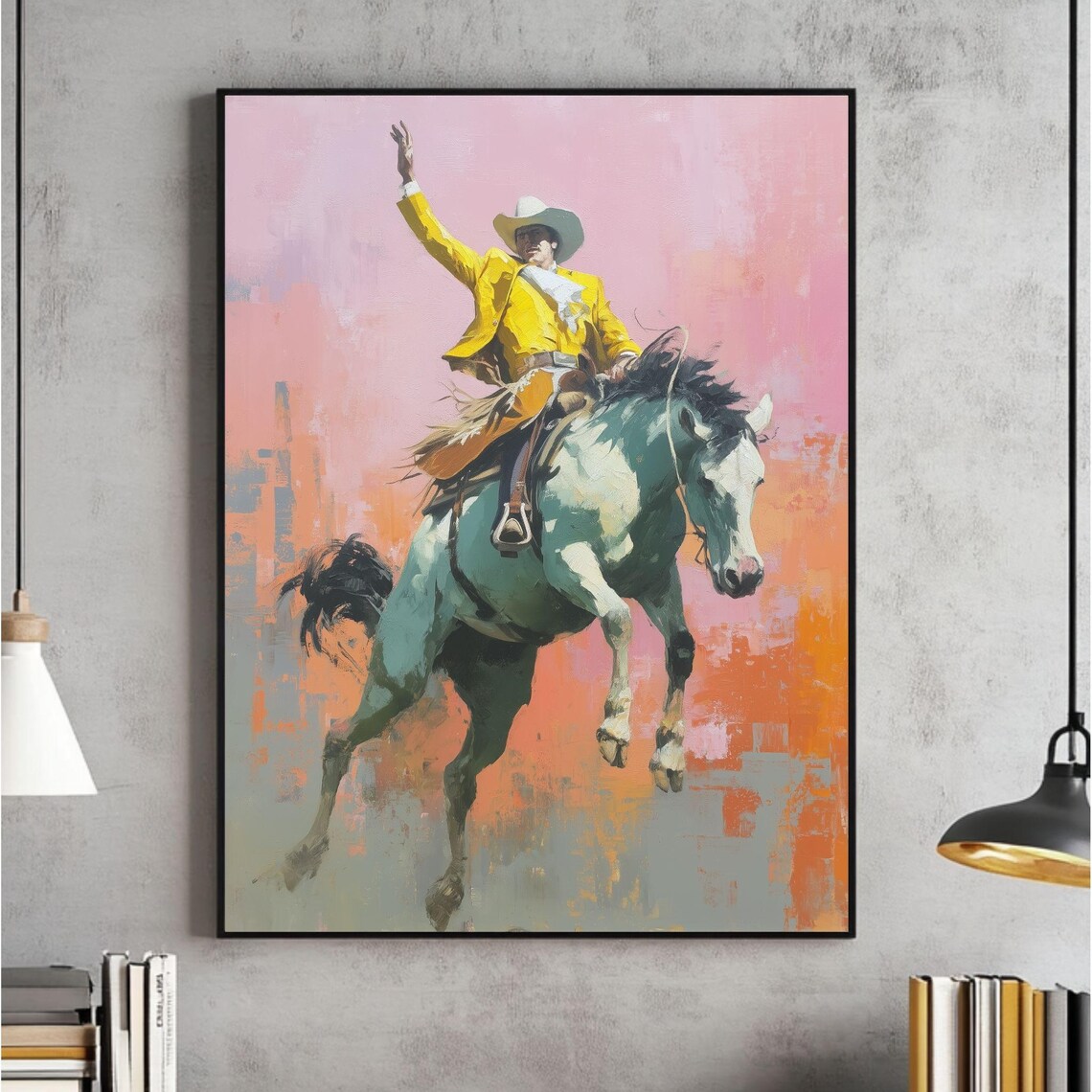 Rodeo Cowboy on Bucking Horse Western Pop Art Painting Poster