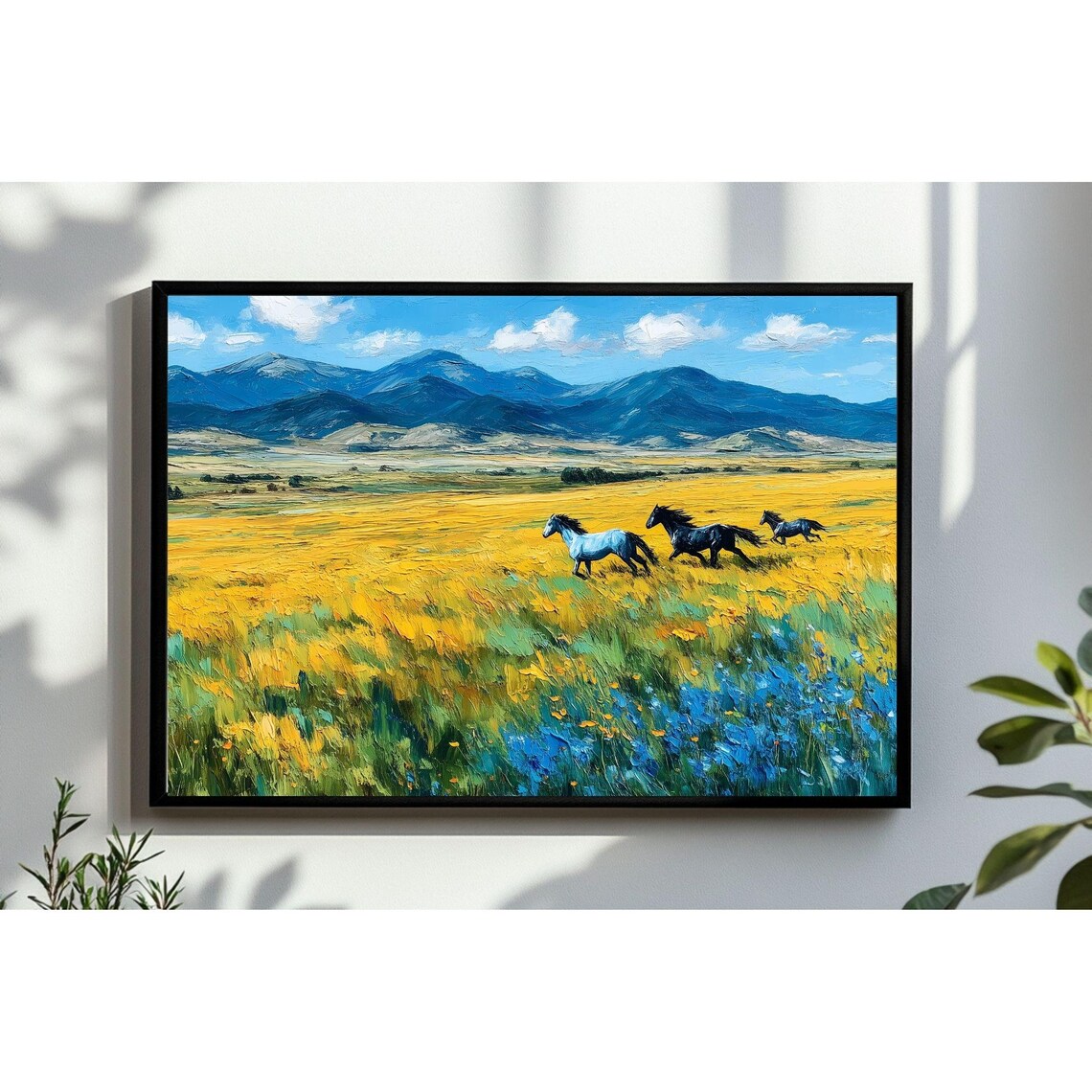 Wild Horses Running Golden Flower Field Mountain Painting Poster