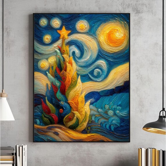 Starry Night Swirling Christmas Tree Star Impasto Holiday Poster