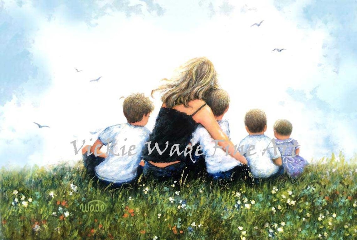 Blonde Mother with Three Sons and Baby Daughter in a Meadow Poster
