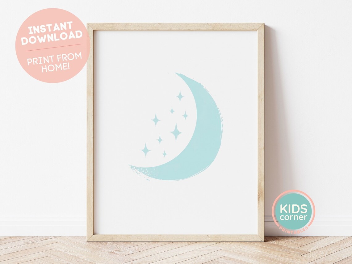 Blue Moon And Stars Art Print, Nursery Decor