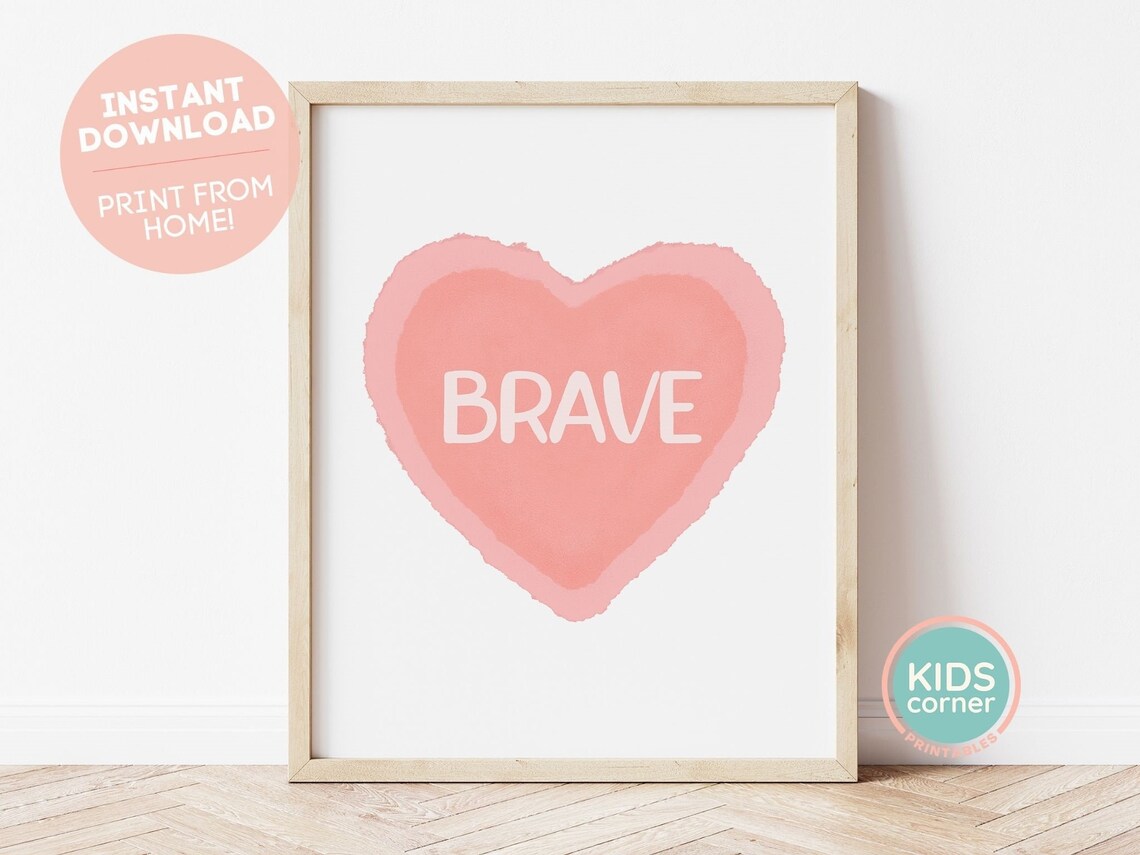Brave Pink Watercolor Heart Mindfulness Kids Room Empowerment Poster