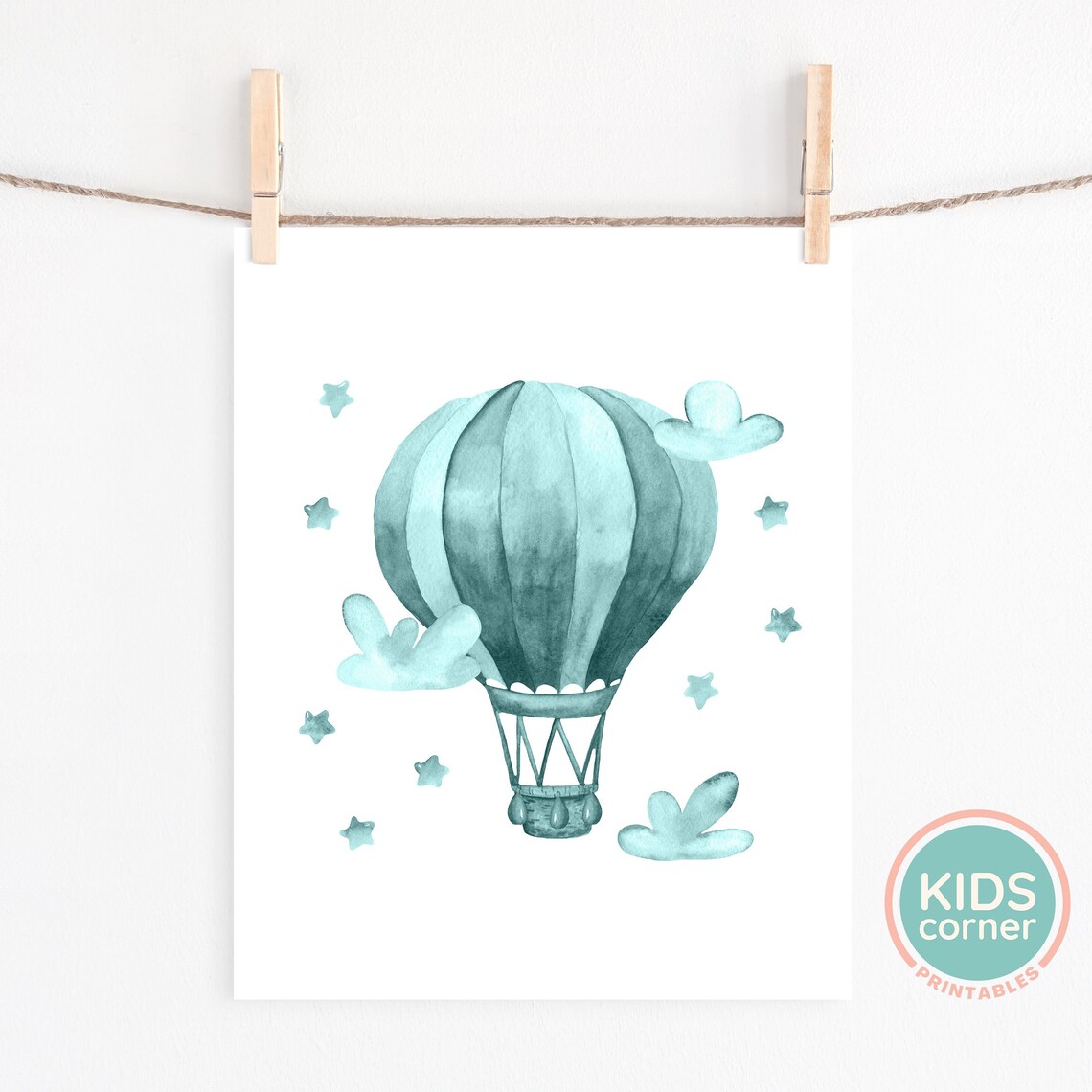 Teal Watercolor Hot Air Balloon Stars Clouds Nursery Wall Art - Image 2