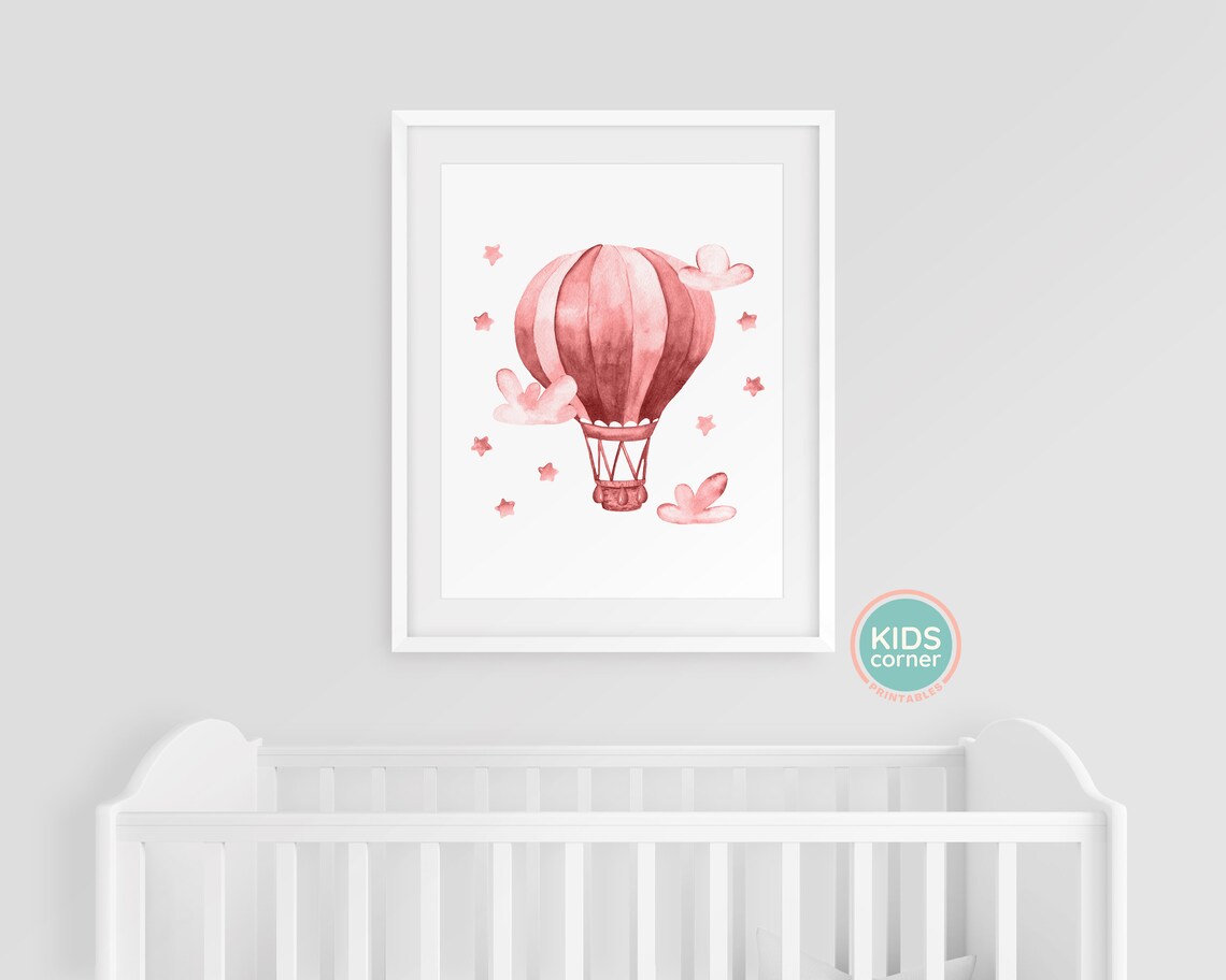 Pink Watercolor Hot Air Balloon Nursery Stars And Clouds Poster - Image 3