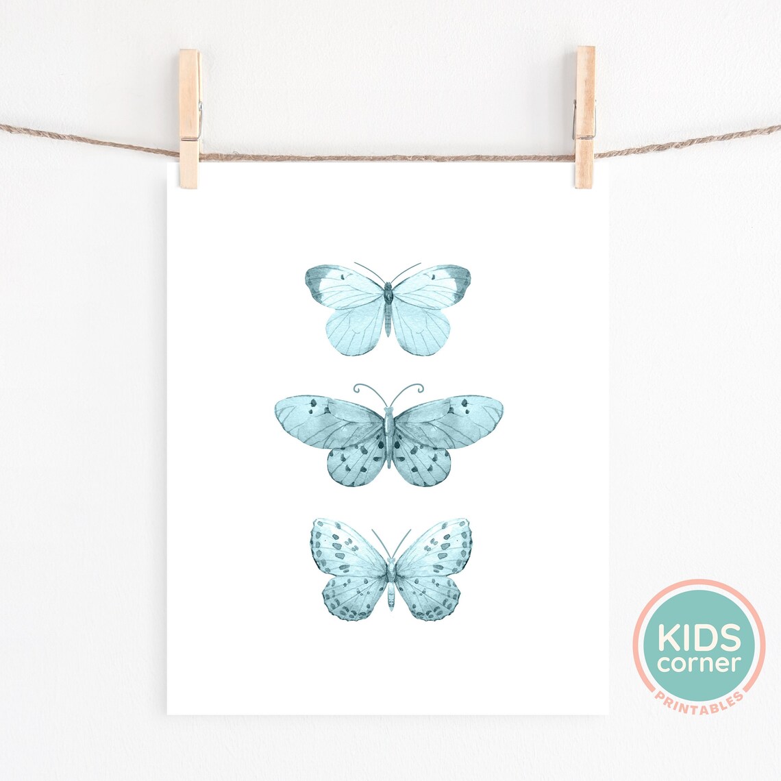 Blue Watercolor Butterfly Poster Trio Kids Room Nursery Design - Image 2
