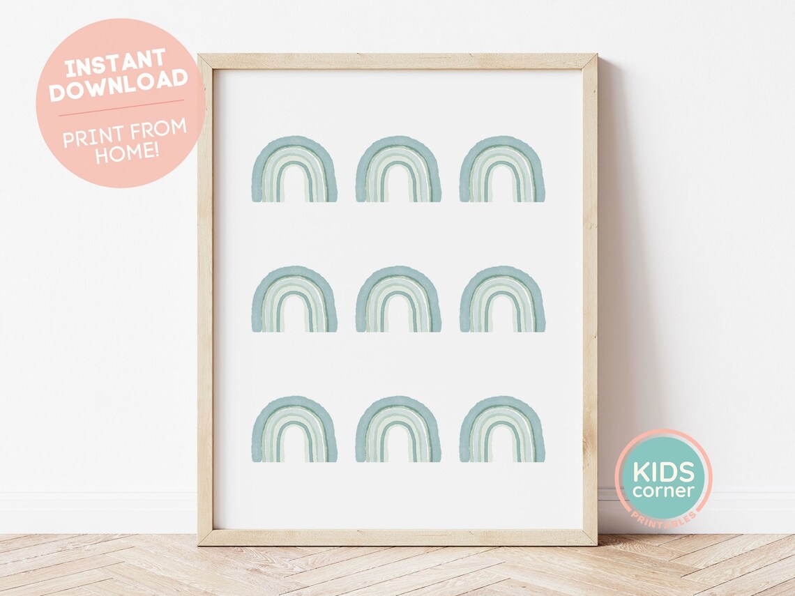 Teal Watercolor Rainbow Grid Soft Boho Nursery Kids Decor Poster