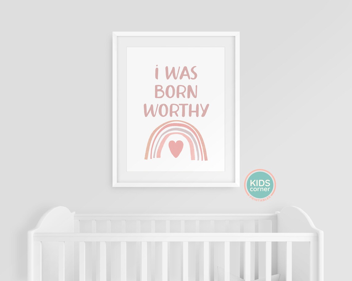 I Was Born Worthy Blush Pink Rainbow Heart Self Love Quote Poster - Image 3
