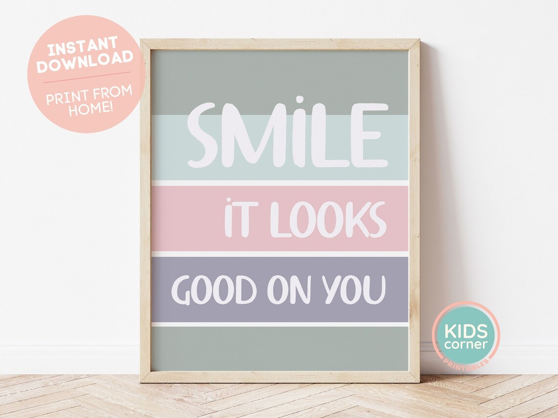 Smile It Looks Good On You Sage Green Stripes Kids Quote Poster