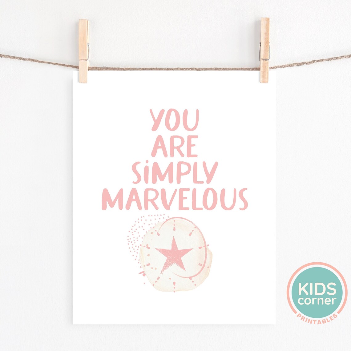 You Are Simply Marvelous Pink Star Kids Watercolor Affirmation Poster - Image 2