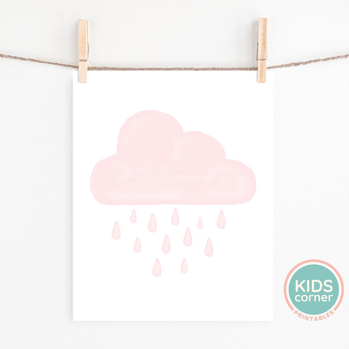 Pink Watercolor Cloud With Rain Drops Baby Girls Nursery Art Poster - Image 2