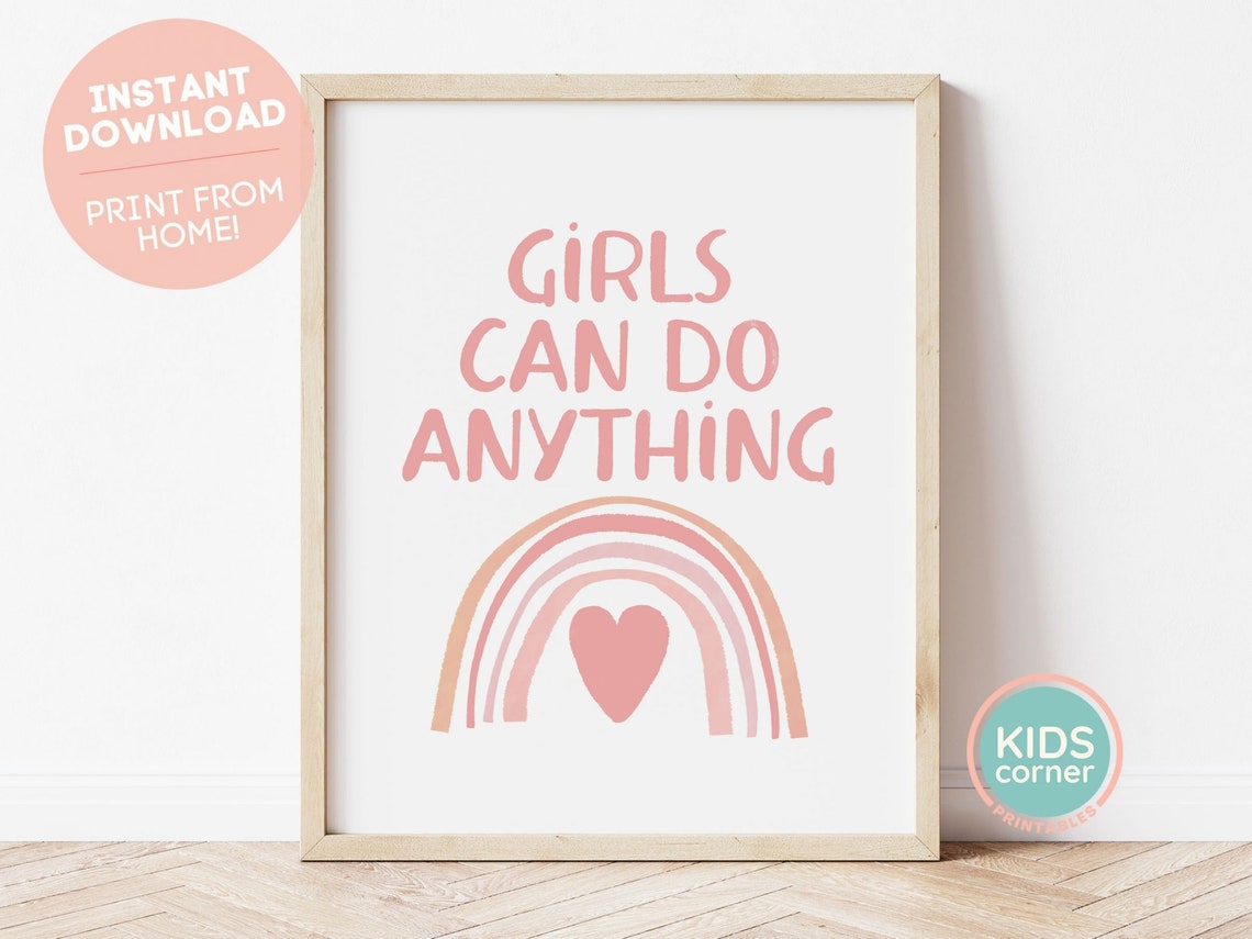 Girls Can Do Anything Pink Rainbow and Heart Empowerment Poster