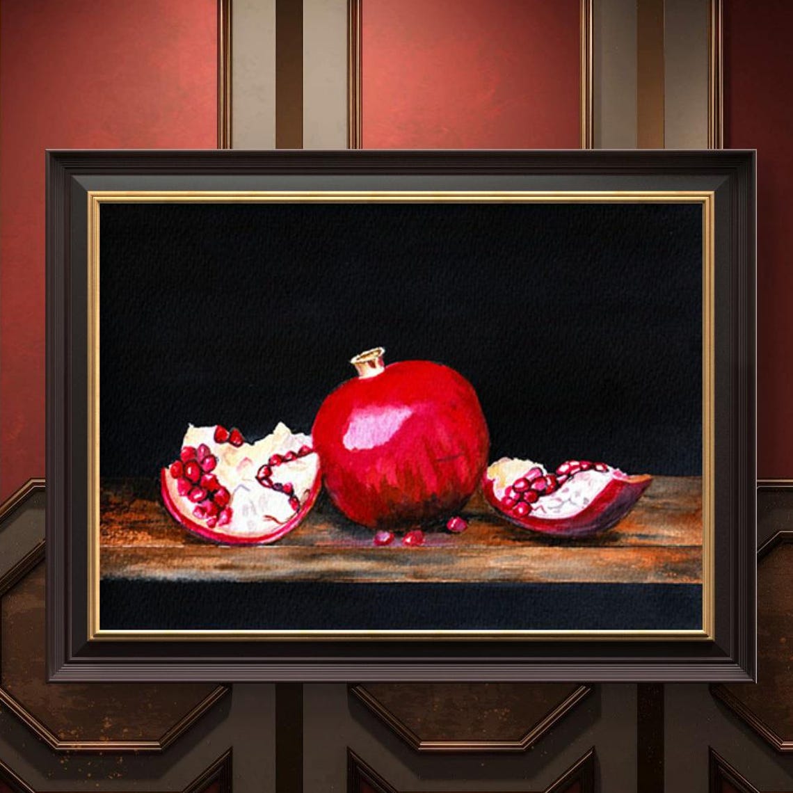 Ruby Pomegranate Still Life Dark Background Dramatic Art Print