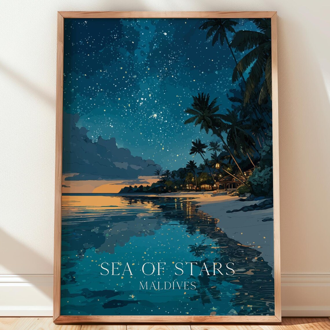 Sea of Stars Maldives Night Beach Starry Sky Coastal Travel Poster