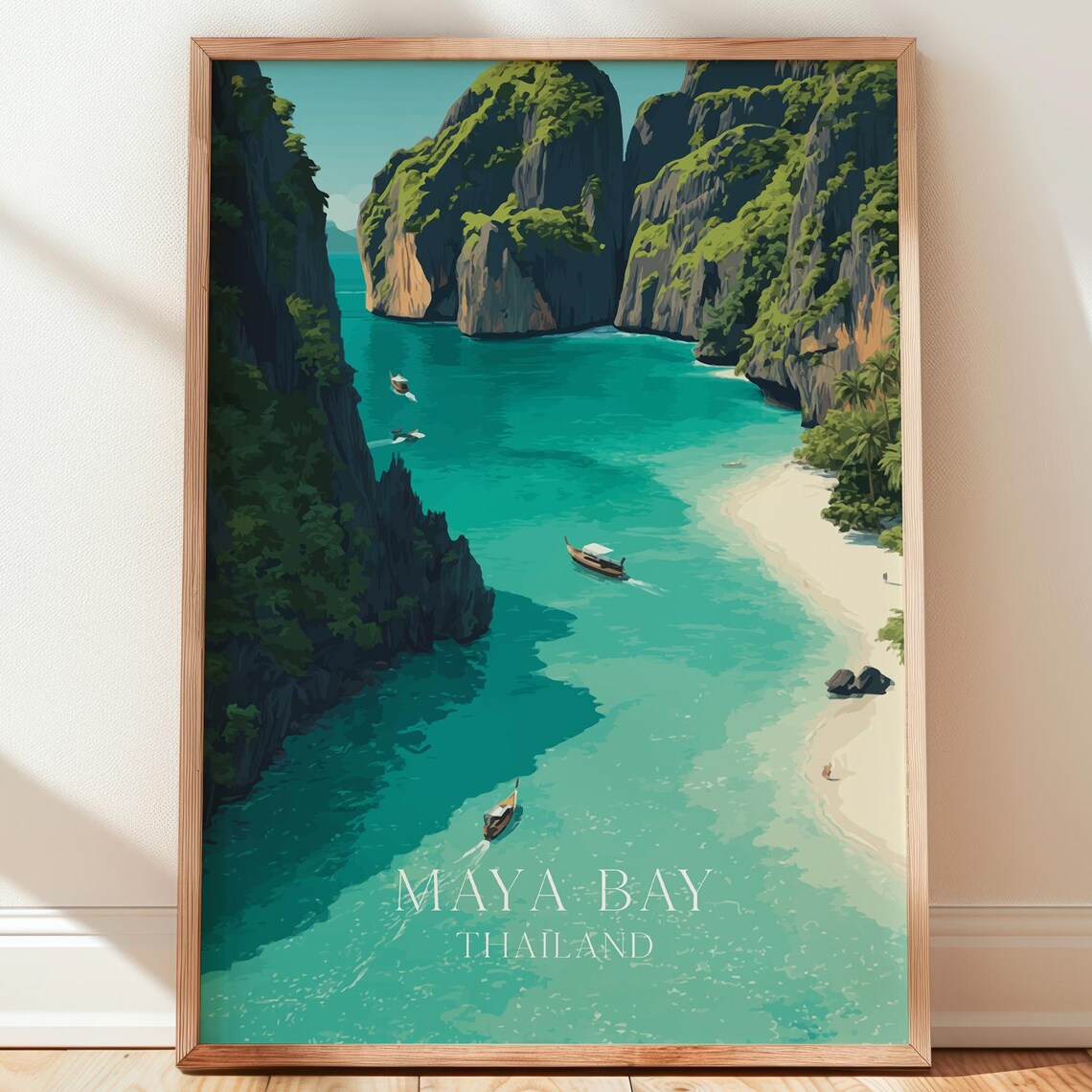 Maya Bay Thailand Travel Poster Longtail Boats Turquoise Lagoon Cliffs Artwork