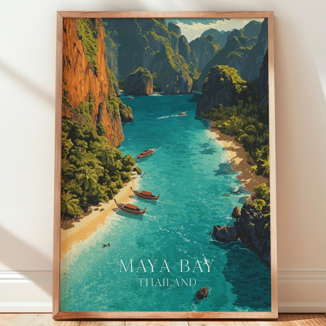 Maya Bay Thailand Limestone Cliffs Longtail Boats Tropical Travel Poster