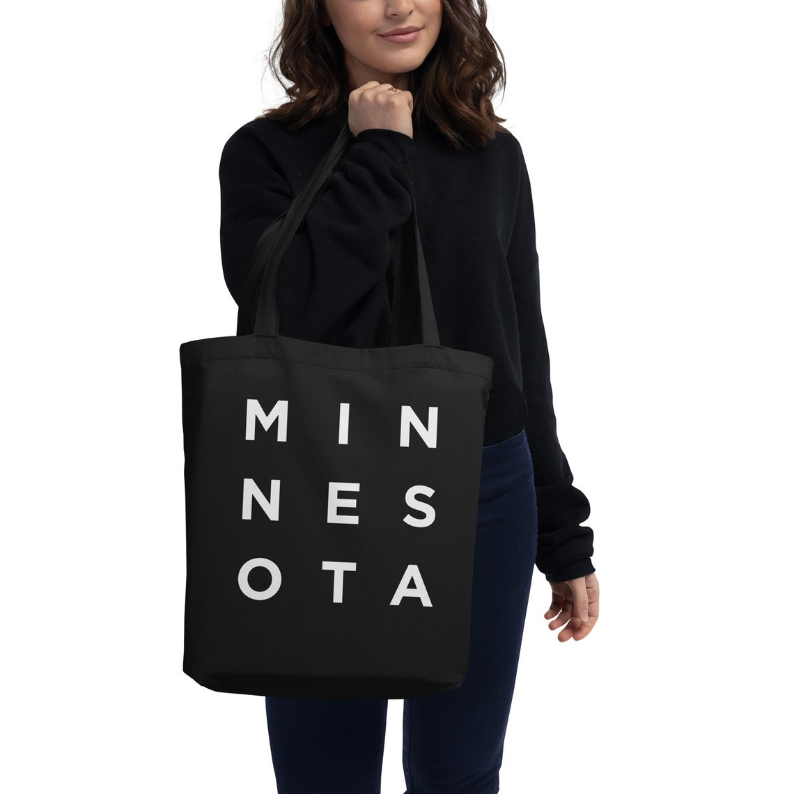 Minnesota Stacked Letter Black Tote Bag with Bold White Print Design