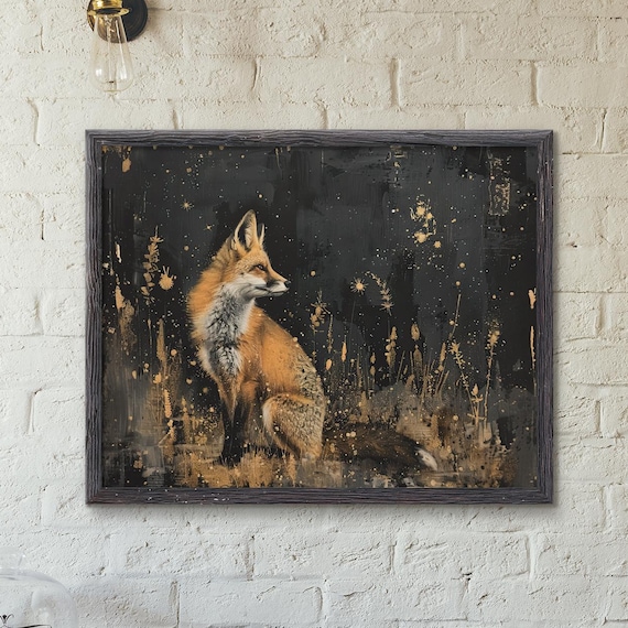 Curious Fox Folk Art Print, Witchy Celestial Style