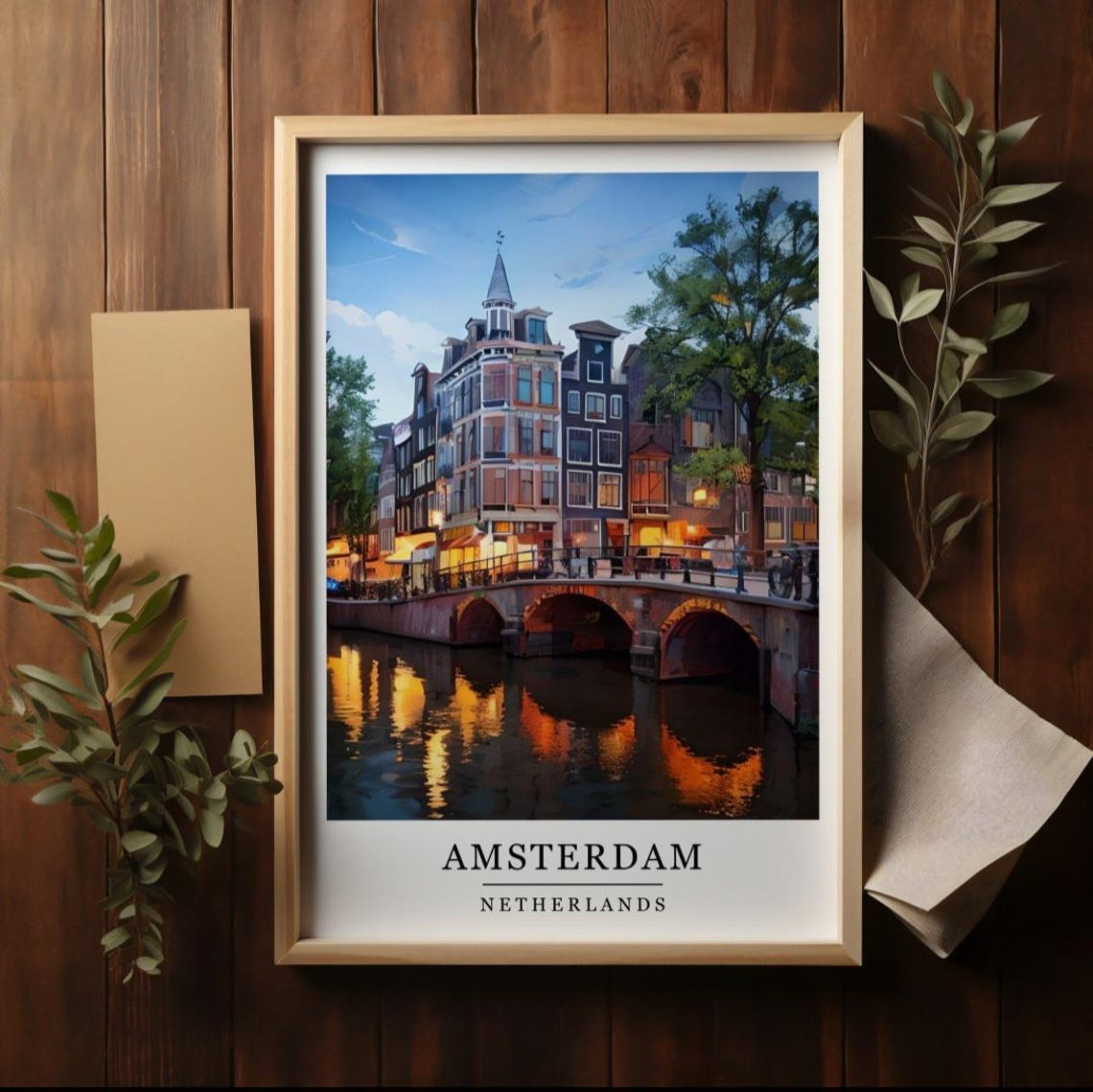 Amsterdam Netherlands Night Canal Bridge Lights Travel Poster