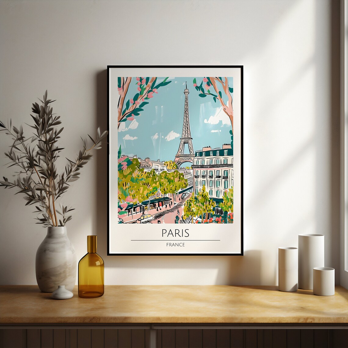 Paris France Eiffel Tower Street Scene Colorful Illustration Poster