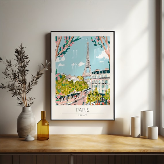Paris France Eiffel Tower Street Scene Colorful Illustration Poster