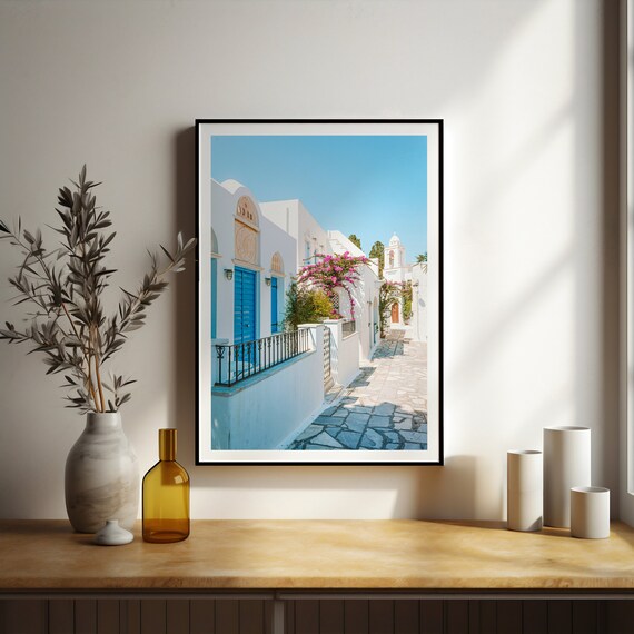 Greece Whitewashed Village Blue Doors Mediterranean Travel Poster