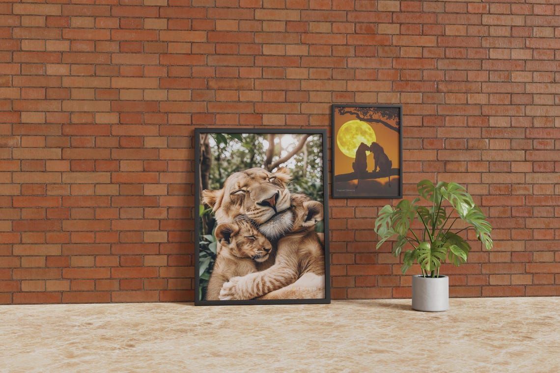 Lioness Nuzzling Cub Close Up Poster Sweet Wildlife Bond Artwork - Image 2