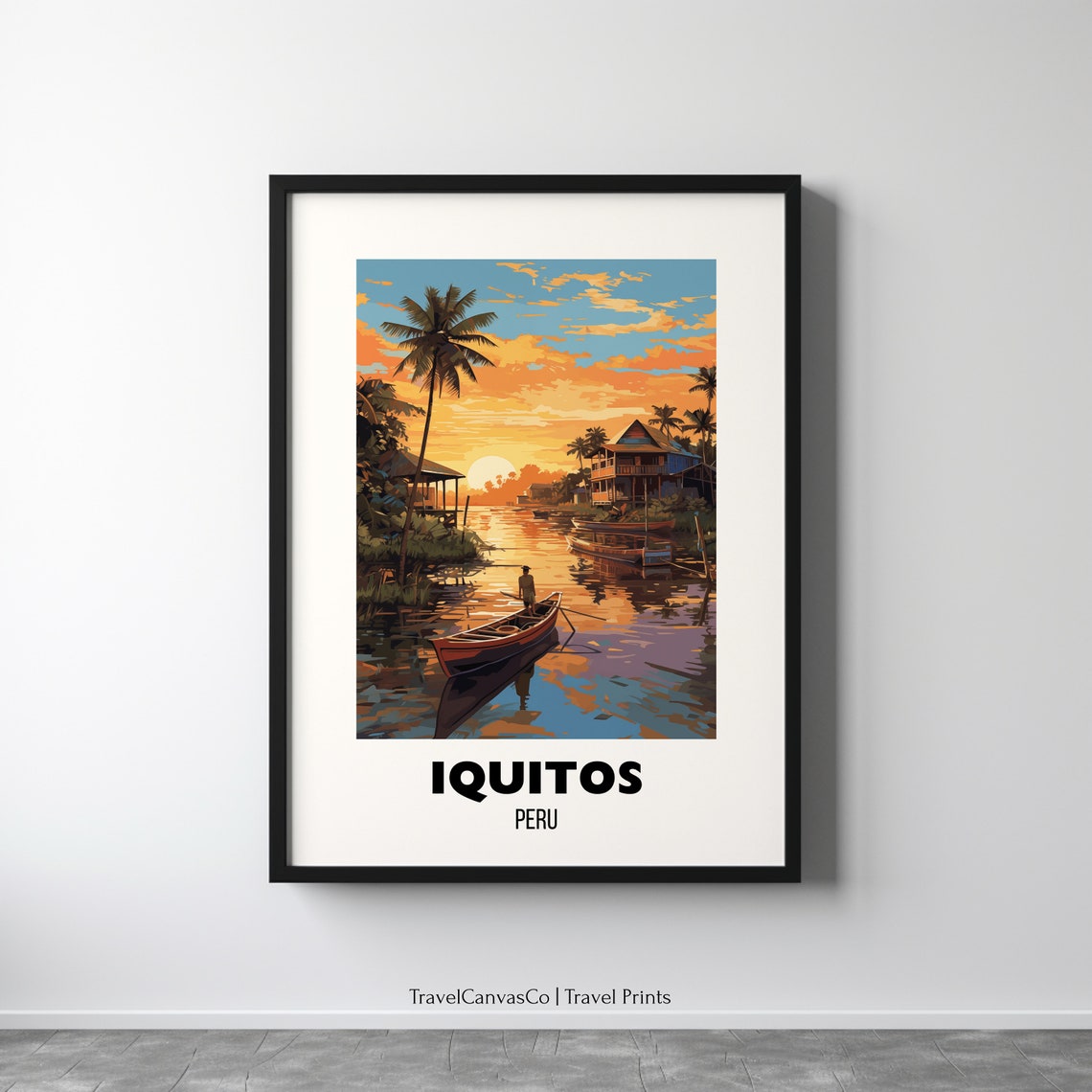 Iquitos Peru Amazon River Sunset Canoe Vintage Travel Poster