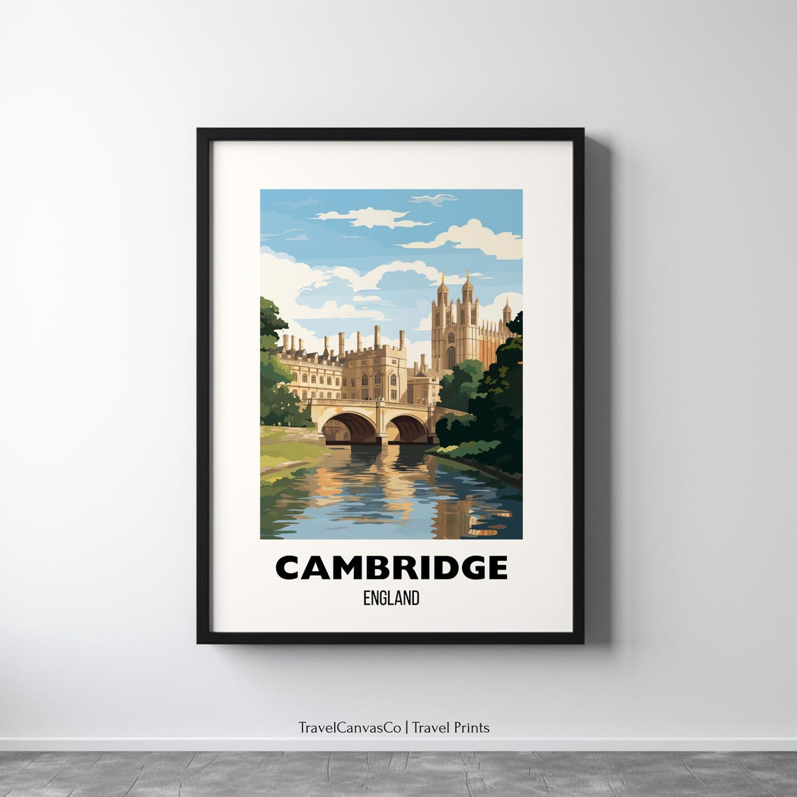 Cambridge England Travel Poster With Historic River Bridge View